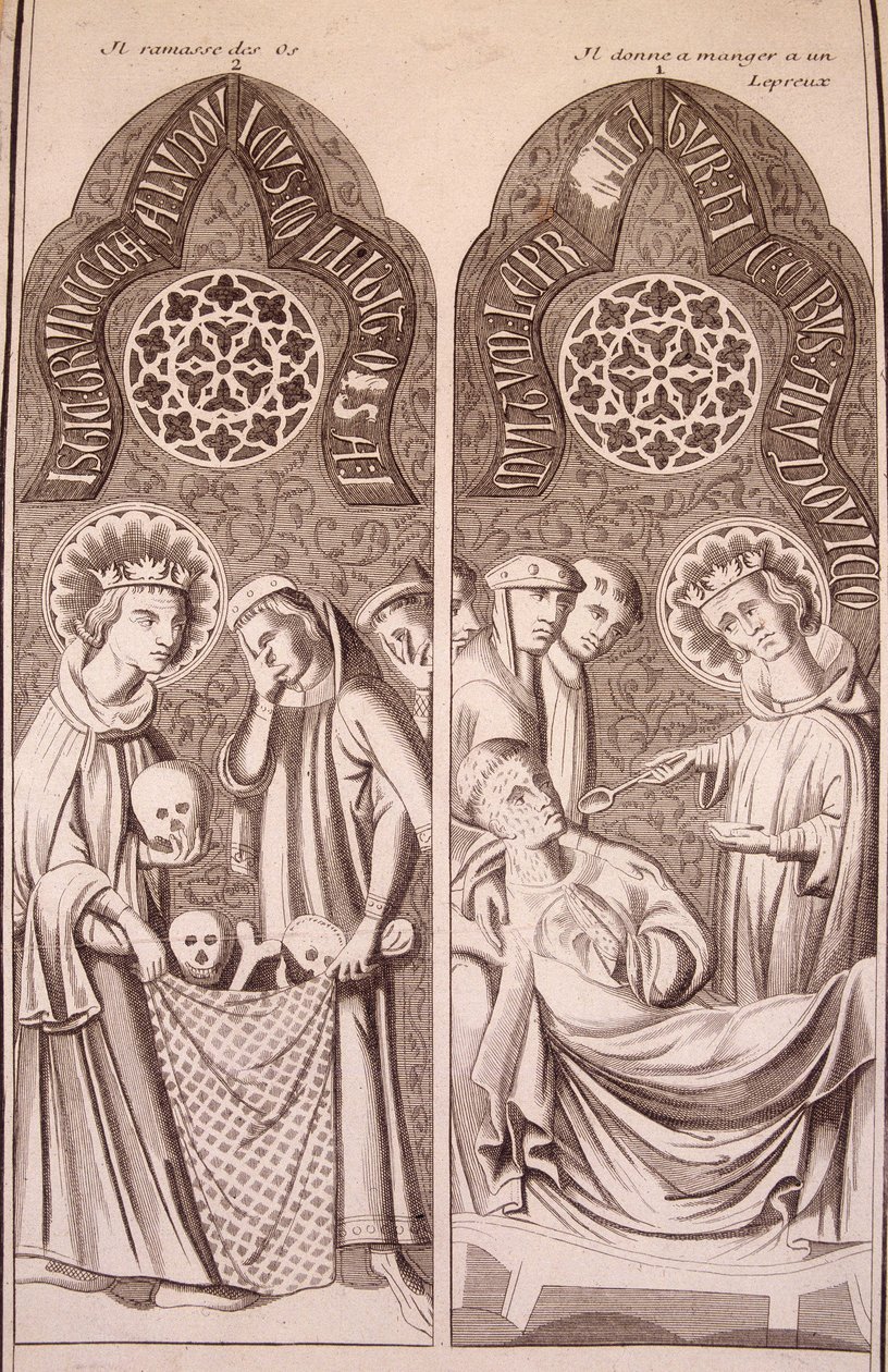 Saint Louis sbírá kosti a dává jídlo malomocným od Unknown artist