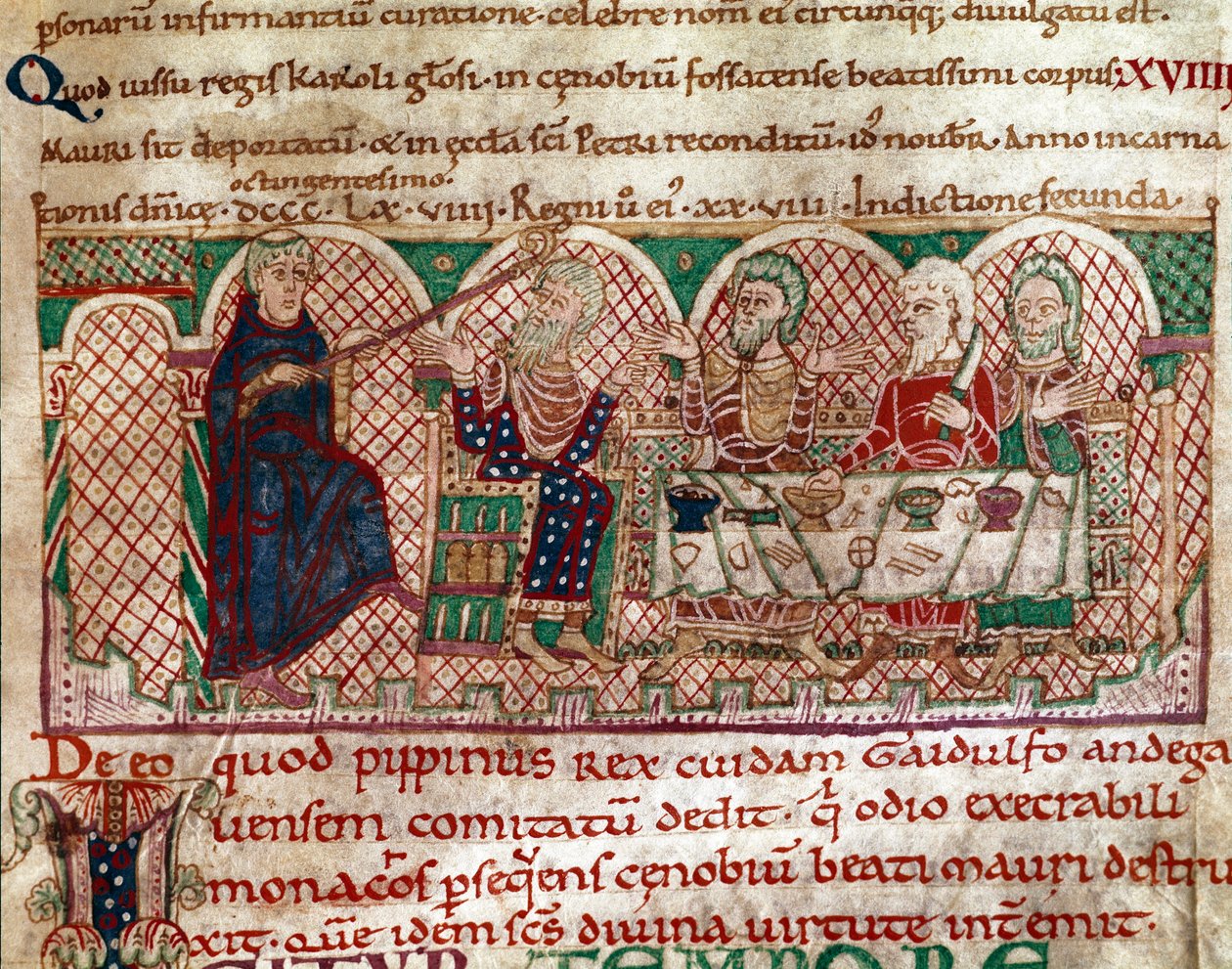 Svatý Maur (512-584), zakladatel kláštera Flanfeuil (Saint Maur) v Anjou, je přijímán u stolu Gaidulfa z Ravenny, pronásledovatele mnichů, a trestá ho Miniatura ze života a zázraky svatého Maura“ (ms 2273) 1100-1140 Městský knihovník od Unknown artist