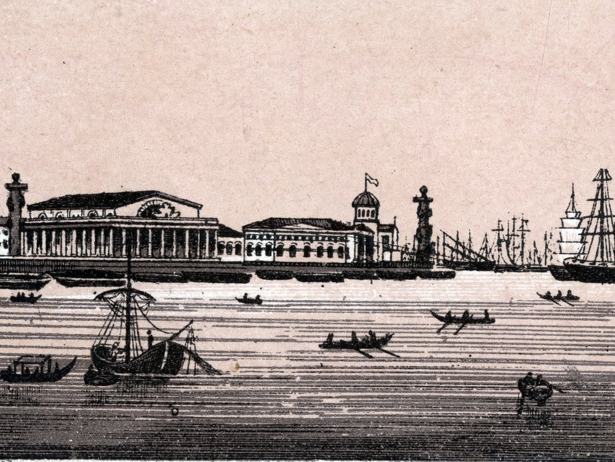 Petrohrad, Rusko: pohled na řeku Něvu a burzu v Petrohradu. v „“ Svět ilustruje 168 pohledů““ Nedatováno (konec 19. století) od Unknown artist