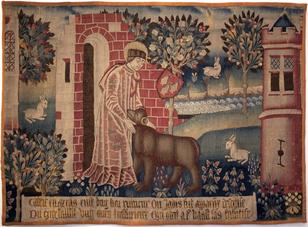 Svatý Vaast a medvěd. Saint Vaast, Saint Vedast nebo Saint Gaston (zemřel v roce 540, eveque a patron Arras a jeho diecéze) krotí zvíře na břehu řeky Crinchon. Gobelín, druhá polovina 15. století. Muzeum výtvarného umění v Arrasu od Unknown artist