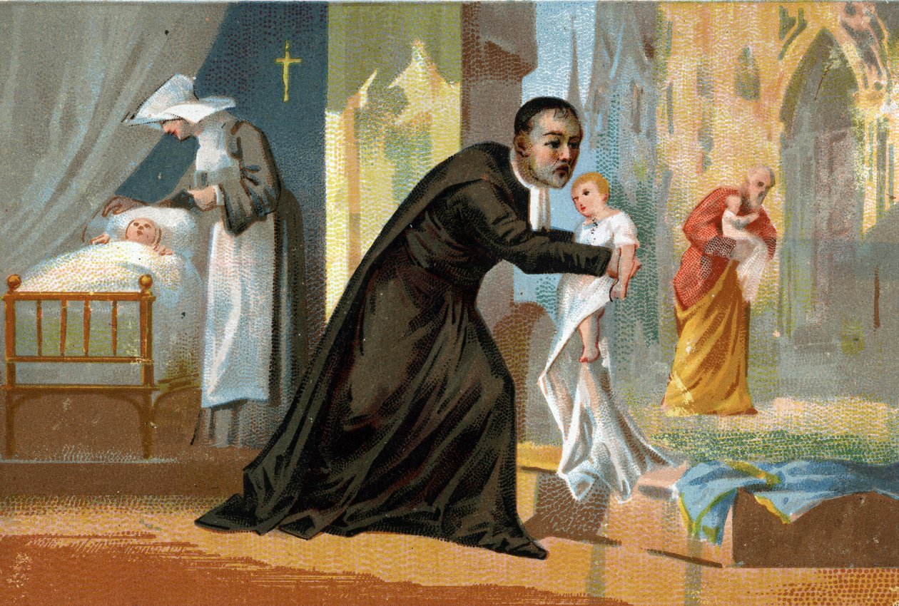 Svatý Vincent de Paul (1576-1660), známý pro svou charitu, tvůrce nemocnice pro děti. Chromolitografie 19. století. od Unknown artist