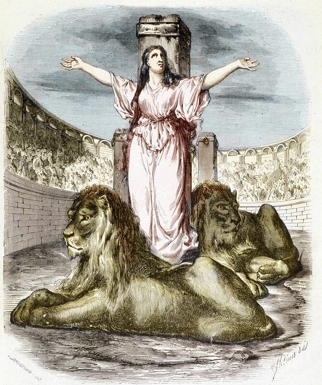 Sainte Blandine v aréně, lvi ležící u jeho nohou (křesťanské pronásledování v Lyonu) - v „Histoire des Popes““ od Maurice Lachatre od Unknown artist
