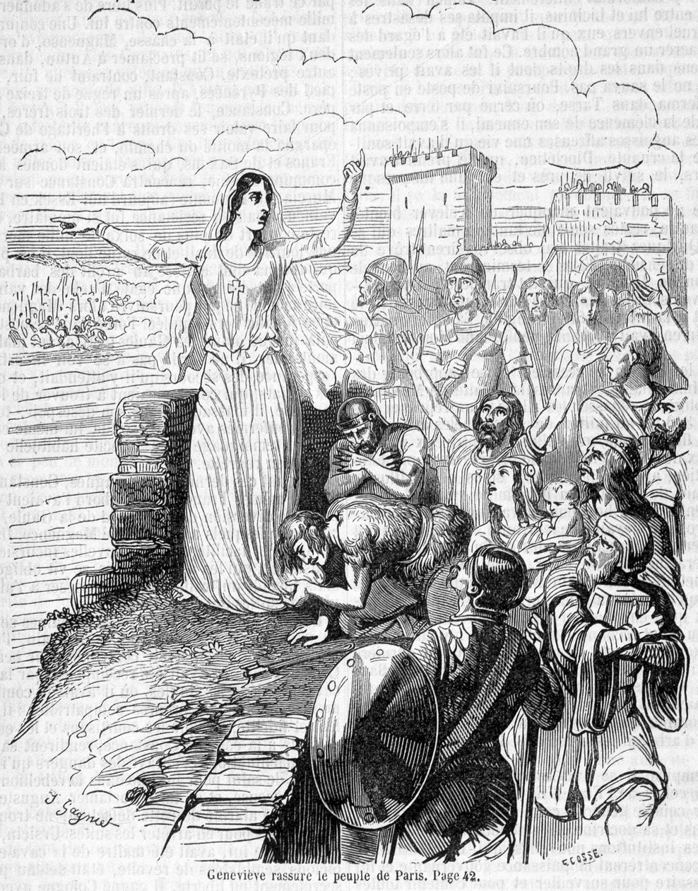 Sainte Geneviève, organizuje obranu Paříže proti hordám Attily a uklidňuje pařížský lid - v „Histoire de France““ od Anquetila od Unknown artist