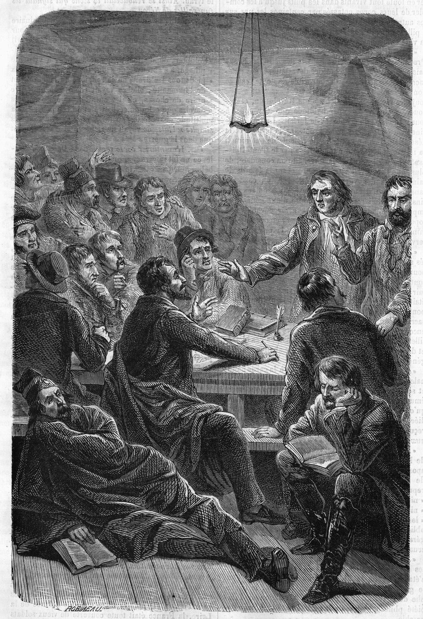 Prodej (Reunion) Carbonari. (Charbonnerie nebo Carboneria, počátek 19. století). Rytina z roku 1864. od Unknown artist
