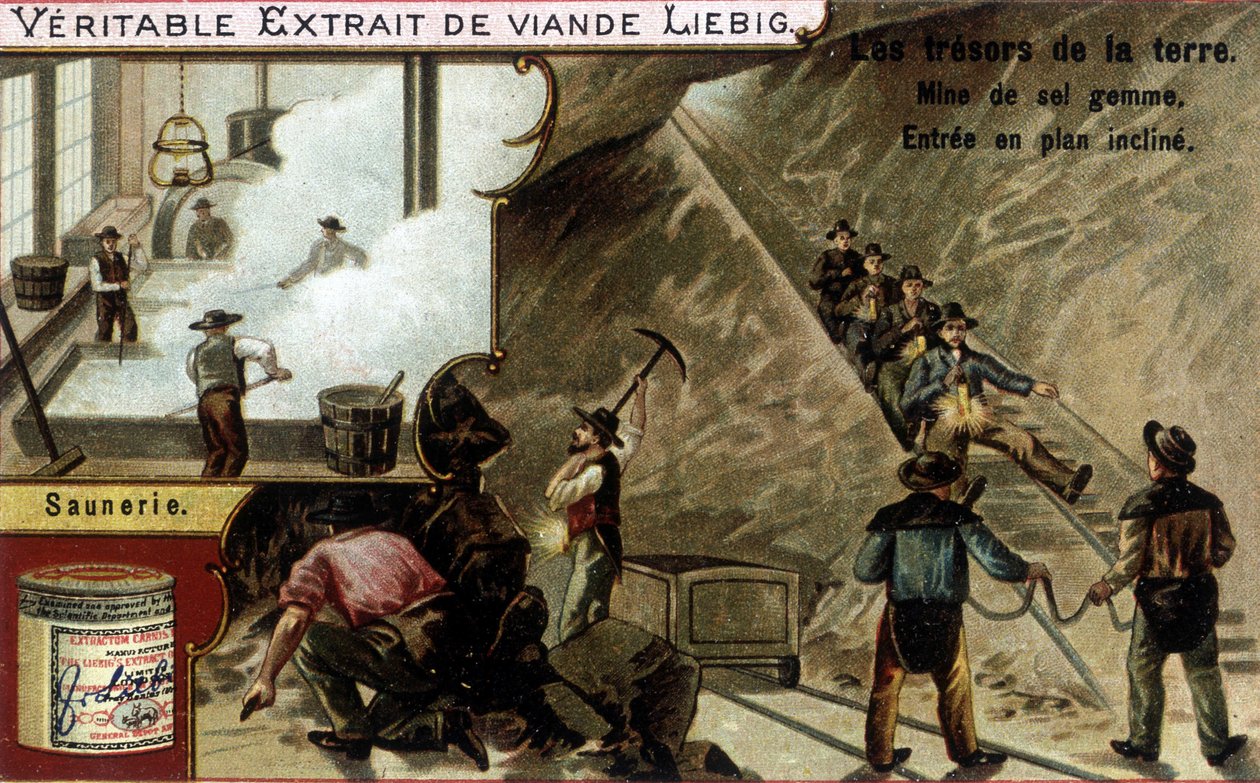 Solný a solný důl: těžba soli a saunier. Chromolitografie produktů Liebig, série „Les trresors de la terre““. od Unknown artist