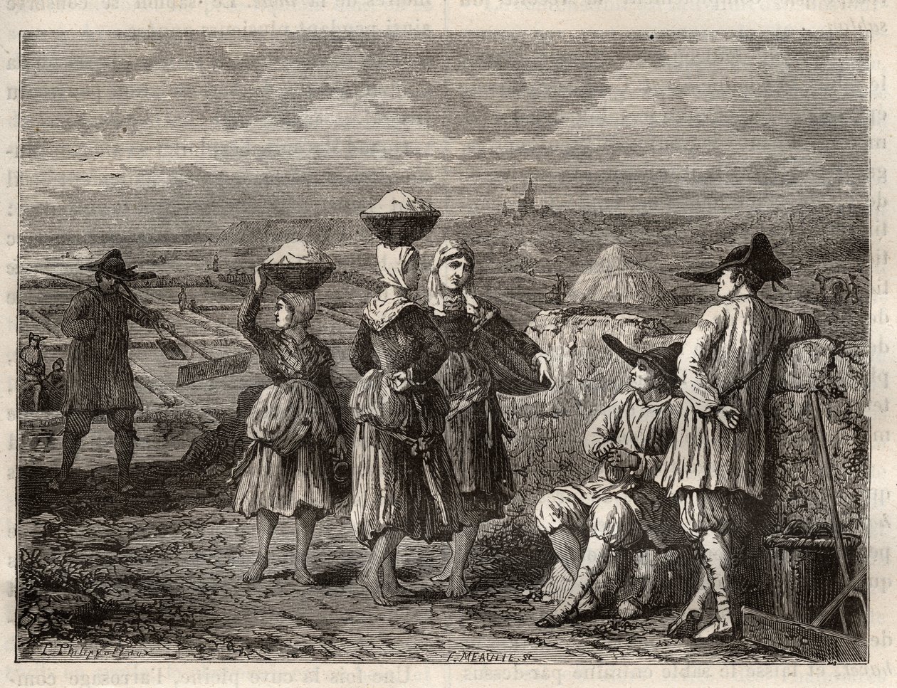 Solné odpařovací jezírko v Bretani - Paludiers a sauniers v Bretani (Francie), solné bažiny - rytina v 