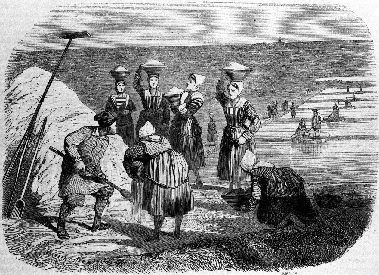 Výroba soli: ženy pracující v salinách. 19. století rytina od Unknown artist