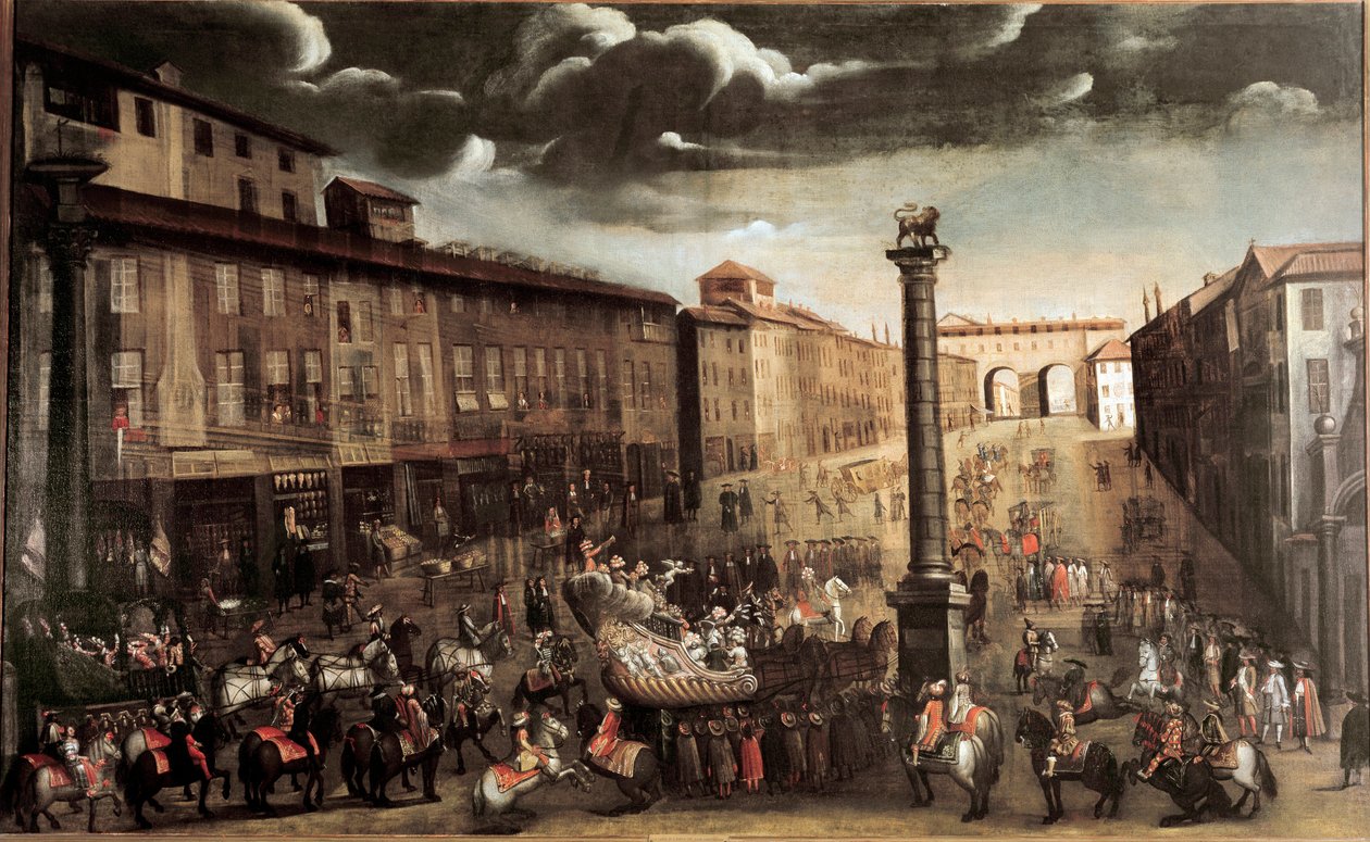 Náměstí San Babila během karnevalu, Milán (malba, konec 17. století) od Unknown artist