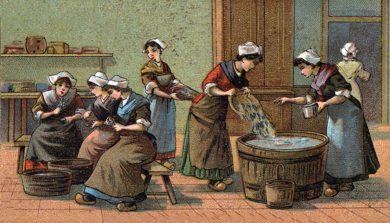 Průmysl sardinek: řezací hlavy, solení. Chromolitografie konce 19. století od Unknown artist