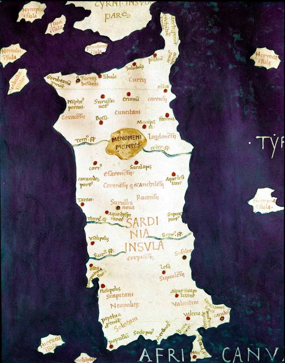 Sardinie (Sardegna). Detail geografické mapy doprovázející „Cosmographia““ (Geografie) od Clauda Ptomeleeho (2. století našeho letopočtu), Neapol koncem 15. století, Biblioteca dei Gerolamini od Unknown artist