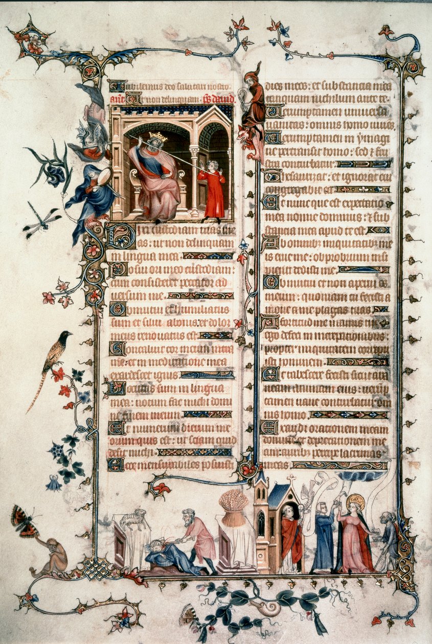 Saul vyhrožuje Davidovi, Kain zabíjí Ábela, Alegorie eucharistie a lásky. Breviář z Belleville. 1323-1326. paní Lat. 10483 fol.24v. - Jean Maid. Breviář Belleville od Unknown artist