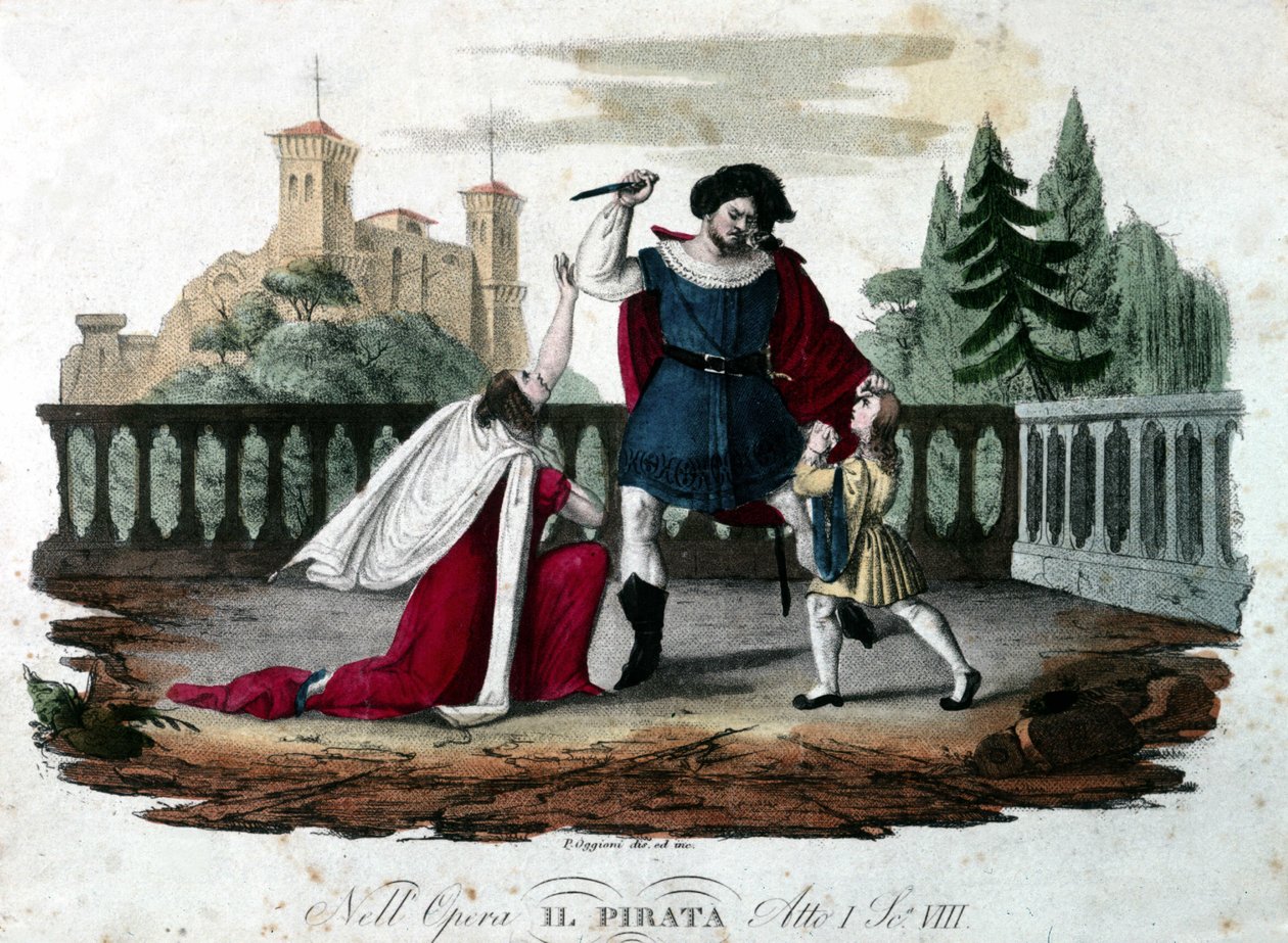 Scéna 8 V. dějství z „“Il pirata““ (Pirát) od Vincenza Belliniho. Barevná rytina z roku 1827. První představení v teatro alla Scala. od Unknown artist