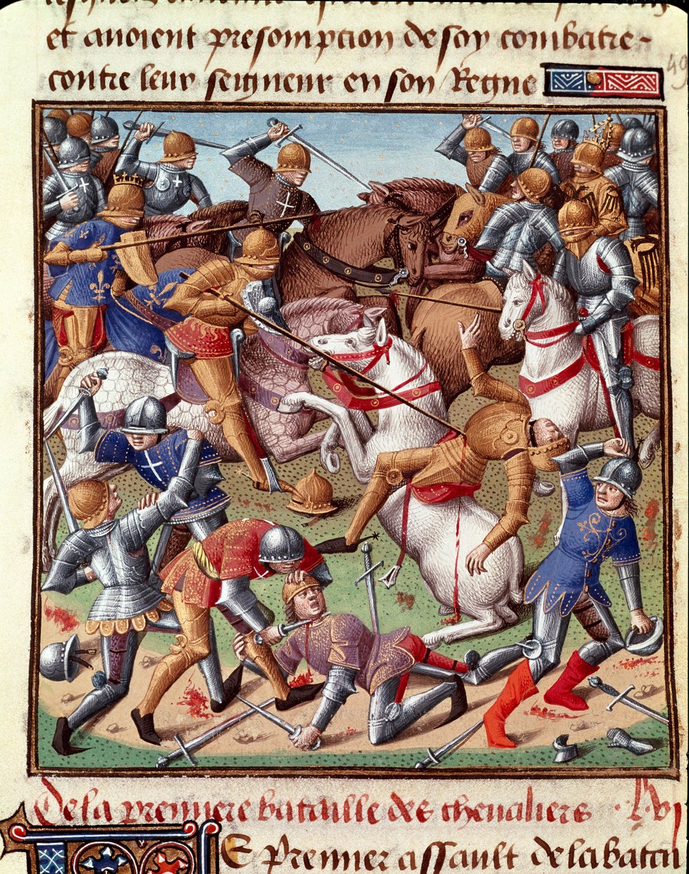 Miniatura bitevní scény v „“Le Miroir historial““ (Speculum Historiale) (ms. 1196 fol. 408 r.) od Vincenta de Beauvais (1190-1264) přeložil do francouzštiny Jean de Vignay od Unknown artist
