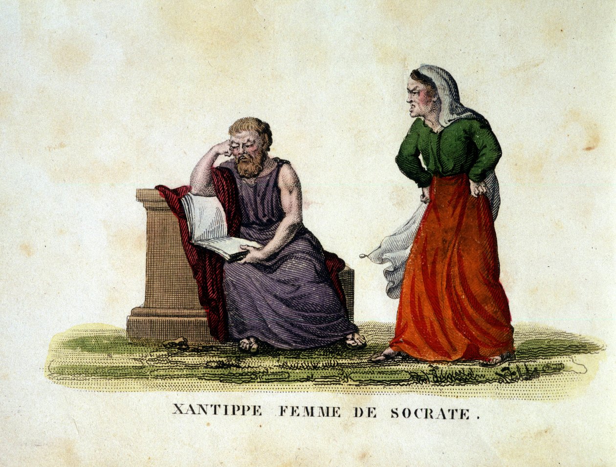 Scene de menage mezi Sokratem a jeho manželkou Xantippe (Xanthippe) - rytina od Unknown artist