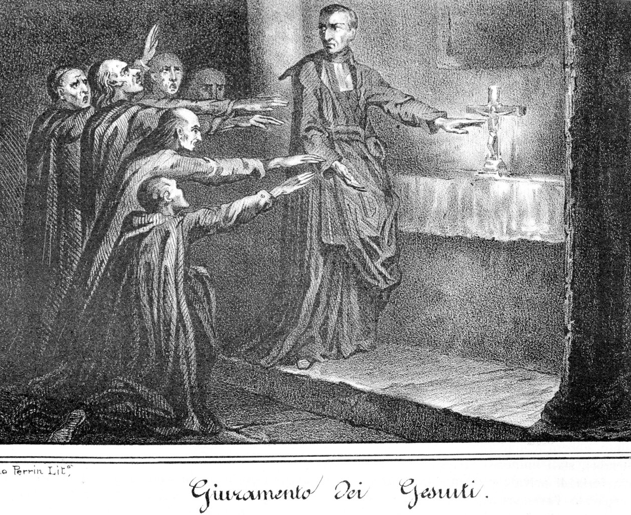 Scéna zobrazující přísahu jezuitů. Rytina z konce 19. století. od Unknown artist