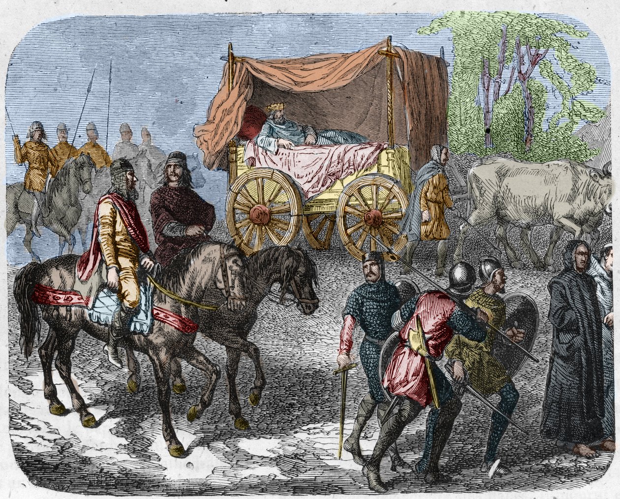 Scéna znázorňující líné krále: Francouzský král Thierry III. (673-691) nese v nádrži s postelí taženou voly. od Unknown artist