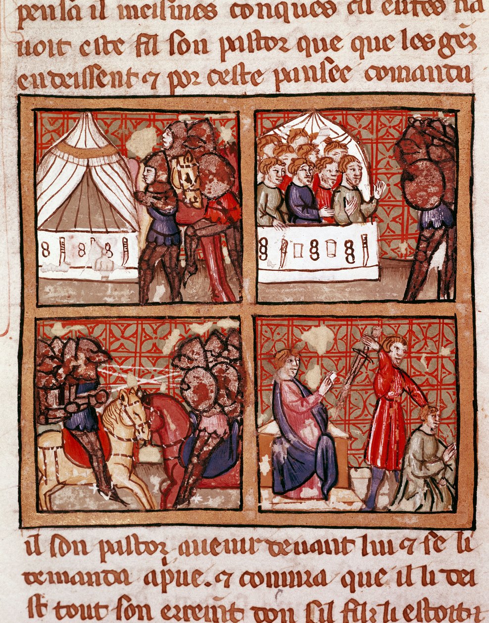 Scéna konfrontace mezi dvěma nepřátelskými tábory, poprava vpravo dole. Strana rukopisu ze 14. století Biblioteca Marciana Venice od Unknown artist