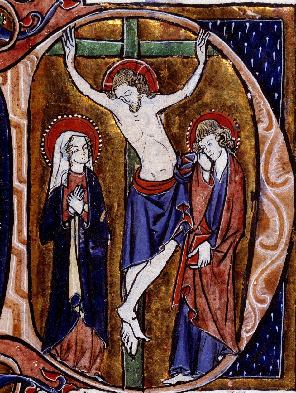 Scéna ukřižování na hlavičkovém papíře (písmeno D). Miniatura v „“ Speculum historiale““ od Vincenta De Beauvais (12. století) od Unknown artist