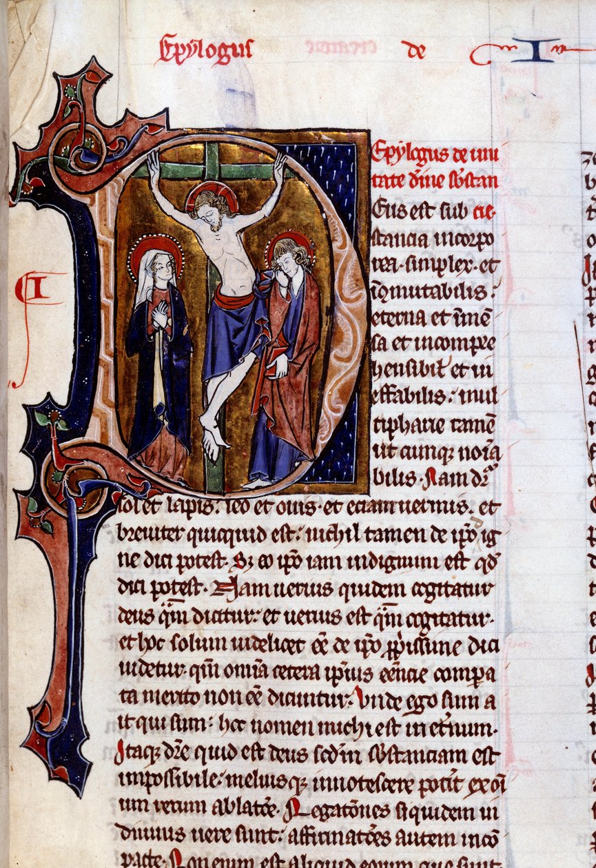 Scéna ukřižování na hlavičkovém papíře (písmeno D). Miniatura v „“ Speculum historiale““ od Vincenta De Beauvais (12. století) od Unknown artist