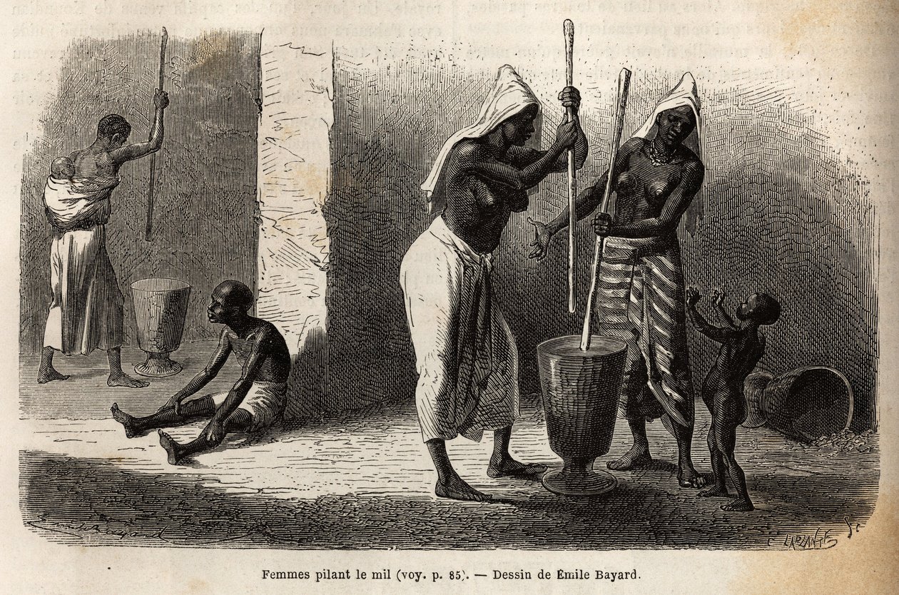 Scéna každodenního života: ženy bušící proso v Sekou (Niger), obklopené dětmi. Rytina znázorňující plavbu poručíka (námořnictva) M. Magea do západního Súdánu v letech 1863-1866, publikovaná v „Le tour du monde, nouveau journal des voyages“, pod r. od Unknown artist
