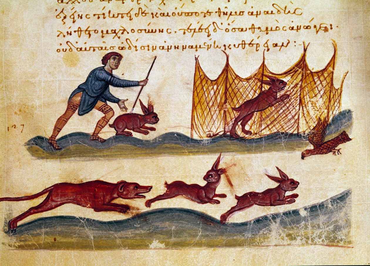 Scéna lovu zajíce Miniatura převzatá z loveckého řemesla „“The Cynegetics““ od Oppiana (Oppian nebo Oppianus) ze Sýrie (3. století našeho letopočtu) věnovaná Caracallovi. Benátky 11. století. Knihovna Marciana od Unknown artist