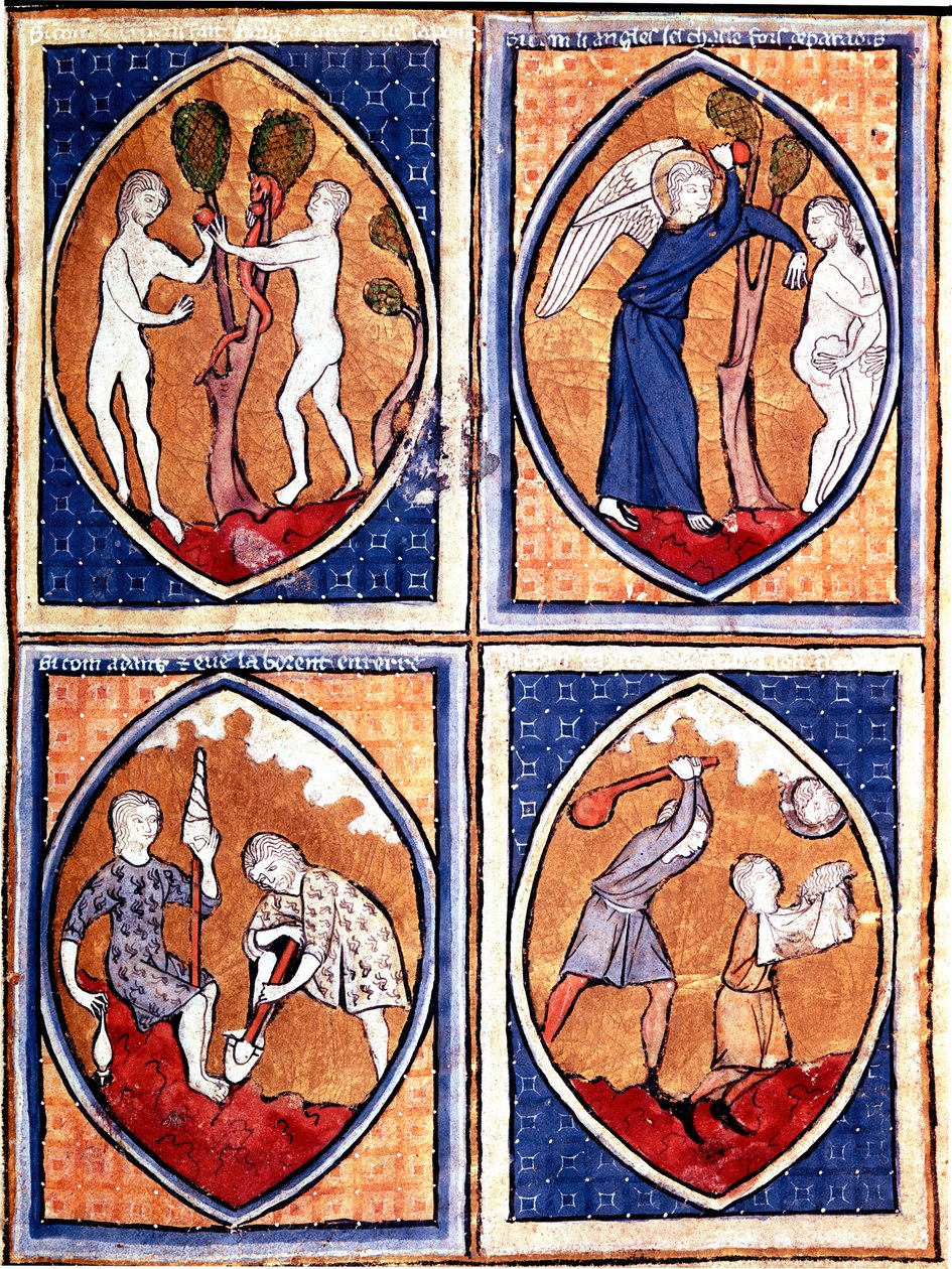 Scény z Bible zobrazené v mandorlech. Nahoru Adam a Eva sbírají zakázané ovoce a pak loví z nebe. Tam dole Adam obdělává zemi a Eva dává vlnu, Kain a Ábel. Miniatura z rukopisu ze 13. století. Porto, Městská knihovna od Unknown artist
