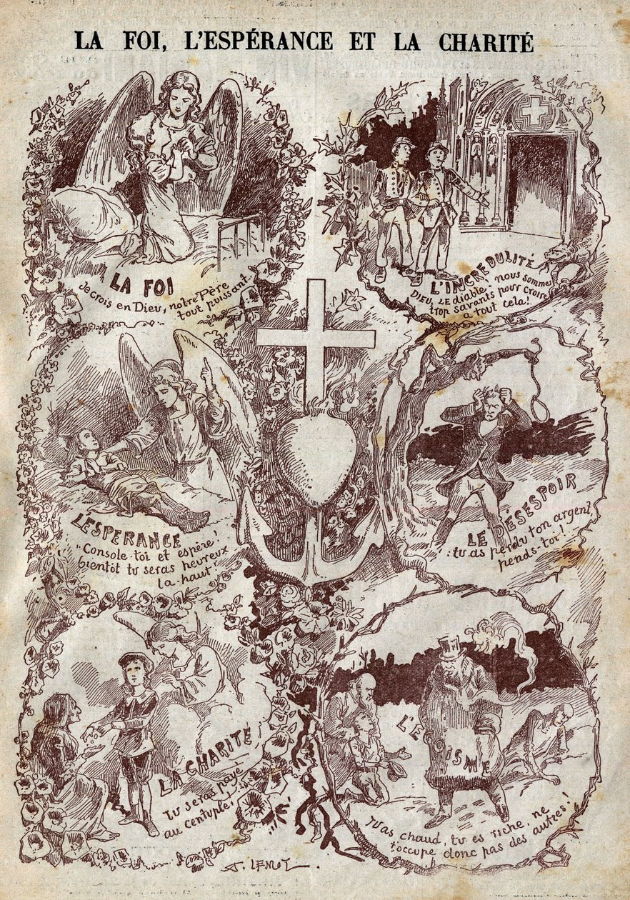 Scény znázorňující víru, naději, dobročinnost a jejich opak, nevěřícnost, zoufalství a egoismus. Ilustrace v „“Le Pelerin““ z 27. března od Unknown artist