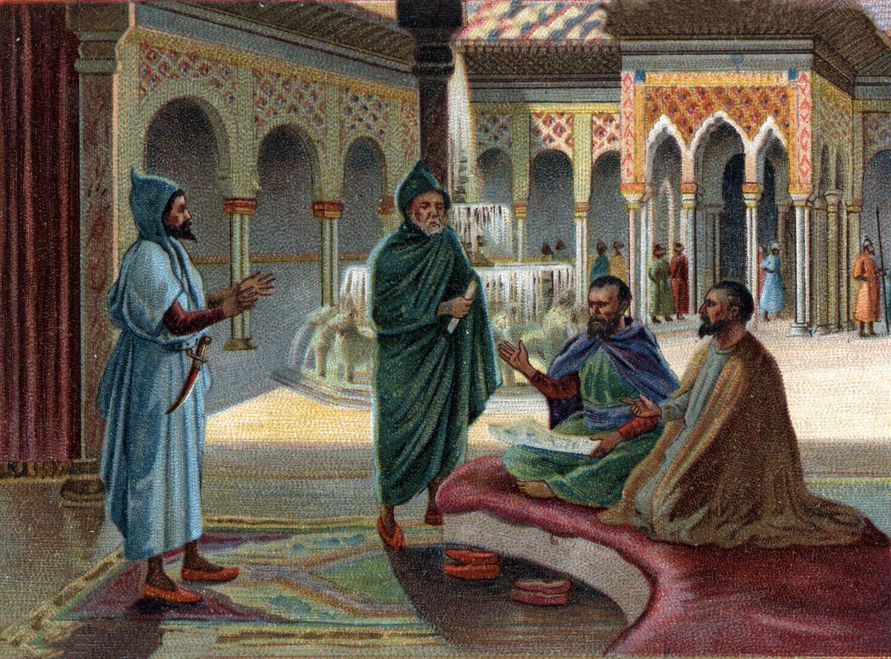 Scény zmizelých království: Maurská rada (maurský, název dán Arabům, kteří obsadili část Španělska) v paláci Alhambra v Granadě. Granada je poslední maurský stát, dokončený v roce 1482. Chromolitografie 19. století. od Unknown artist