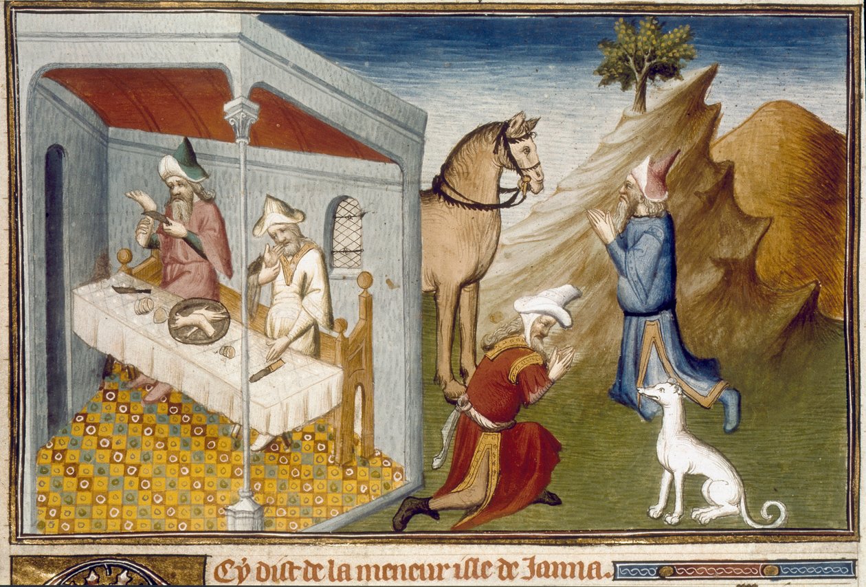 Scény antropofágie a modloslužby v miniaturě Sumatra převzaté od Marca Pola (1254-1324) od Unknown artist