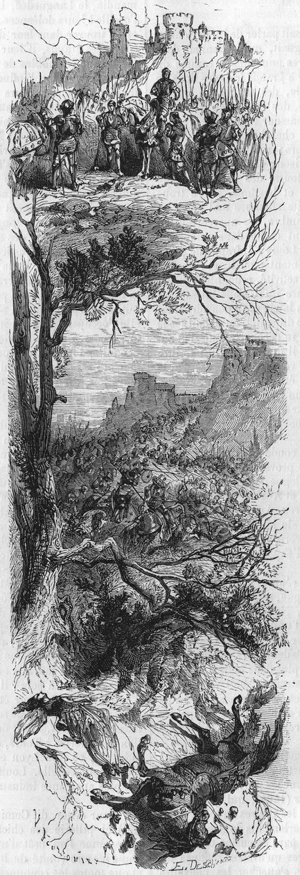 Scény bitev. Ludvík XI. dal náhrdelník Raoulovi de Lannoi (1481), Combat de Therouanne (1480) a Marii de Bourgogne zraněným pádem koně (1482). Rytina 19. století. od Unknown artist