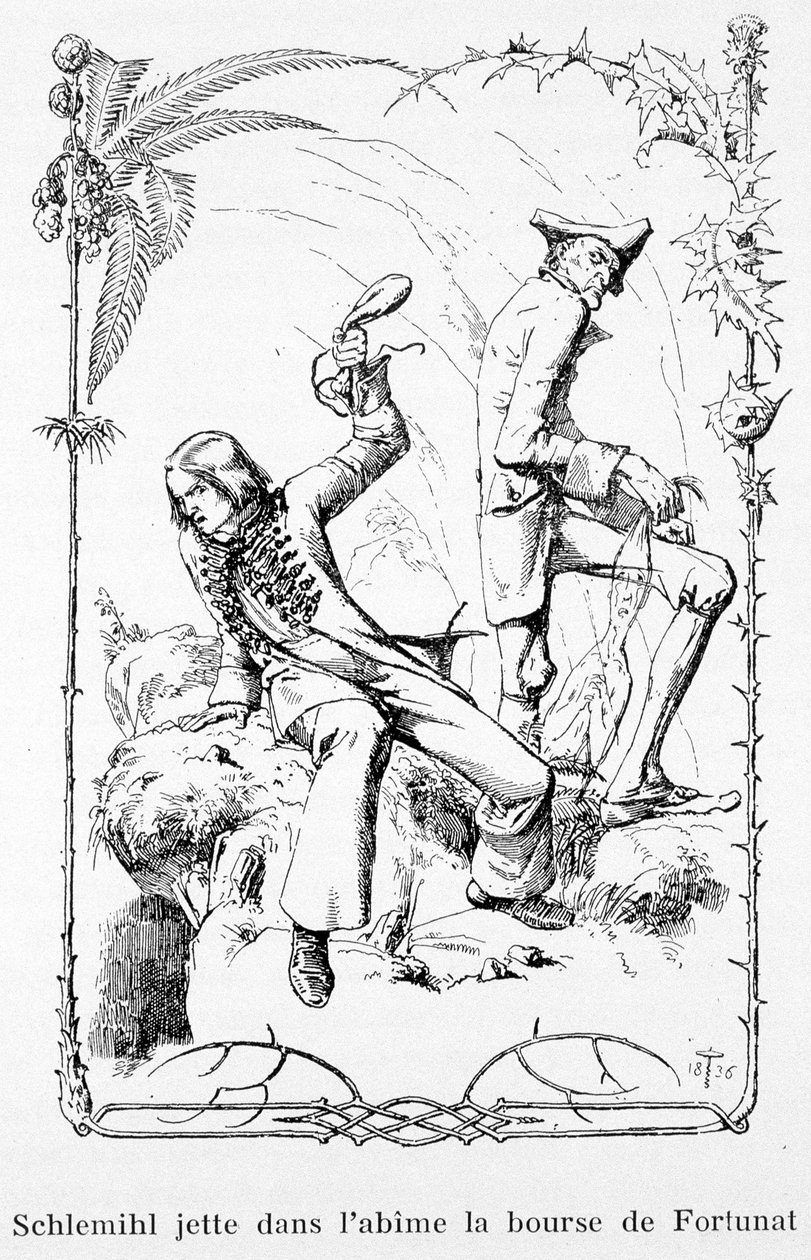 Schlemihl hází Fortunatovu peněženku do propasti - v „Úžasném příběhu Pierra Schlemihla“ od Aldeberta von Chamisso od Unknown artist