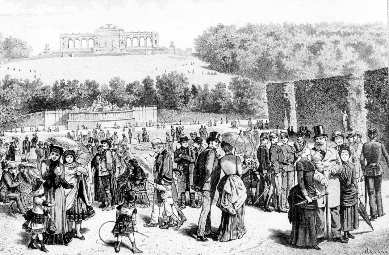 Schonbrunnský park, komplex paláců a zahrad nedaleko Vídně, byl od 18. století letním sídlem rodu Habsburků. Litografie 19. století. od Unknown artist
