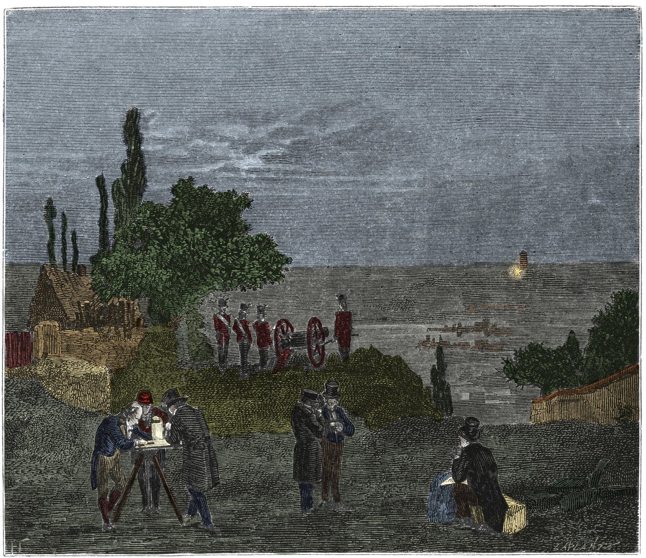 Vědecký experiment: výpočet rychlosti zvuku od Humboldta, Louise-Josepha Gay-Lussace (Louis Joseph Gay Lussac), Bouvarda, Pronyho a Mathieua, který určuje dobu, která uplyne mezi vnímáním světla a výstřelem z pistole, v noci od Unknown artist