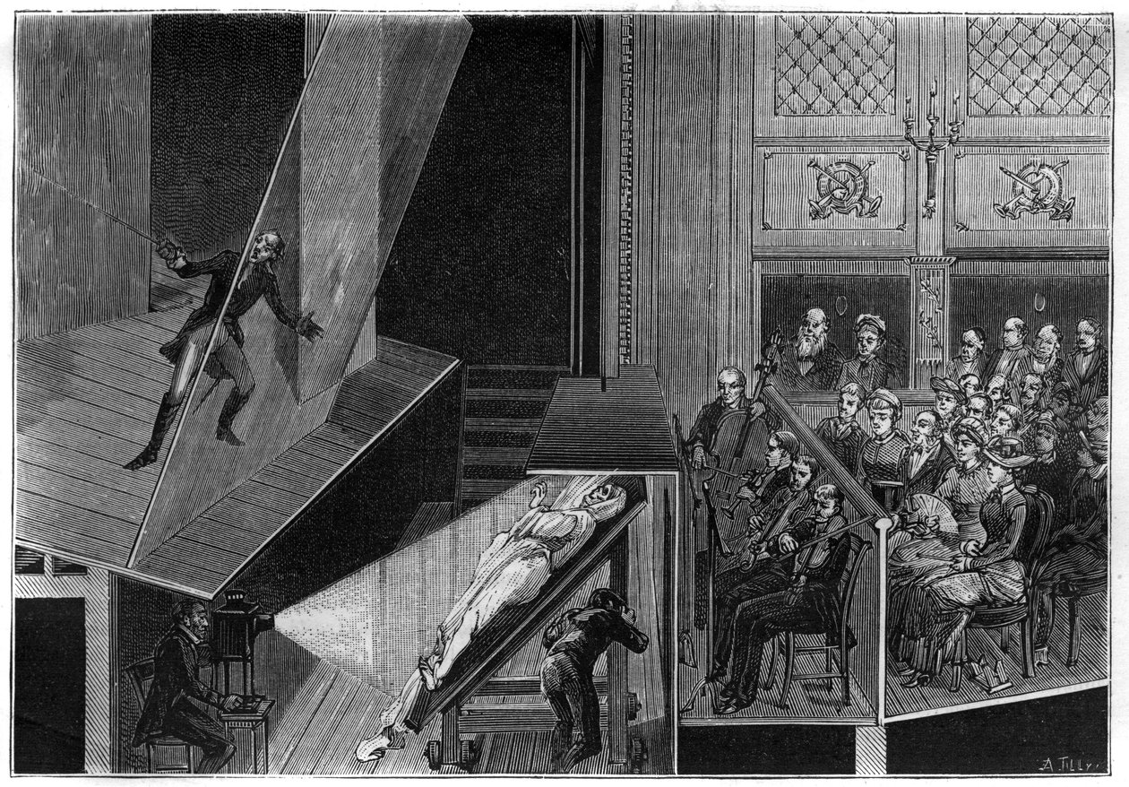 Vědecké pořady: živá spektra. Šálek místnosti ukazující zařízení zkušenosti s komikem bojujícím s duchem. Gravírování do ""La Nature"" od Unknown artist