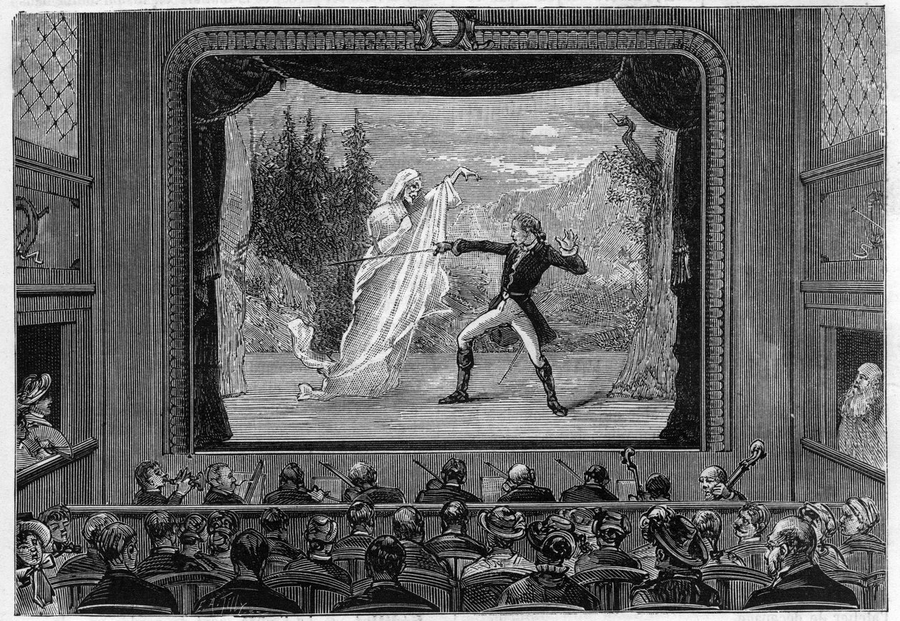 Vědecké pořady: živá spektra. Zažijte spektra na divadelní scéně. Komik bojuje s duchem. Gravírování do ""La Nature"" od Unknown artist