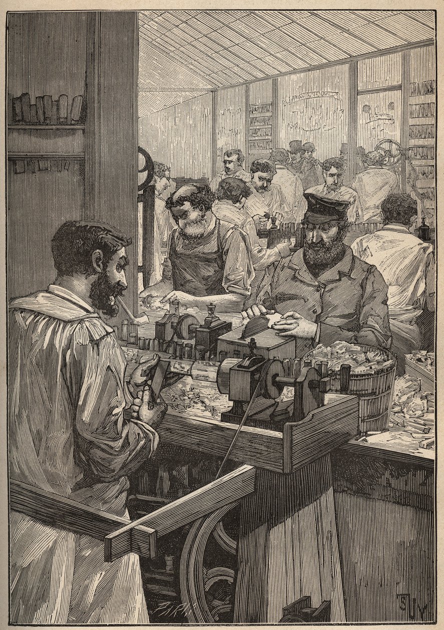 Sea sequim: výroba dýmek z mořského sequimu. Rytina z roku 1885 v „“Les arts et metiers illustres““ od Adolphe BITARDA. od Unknown artist