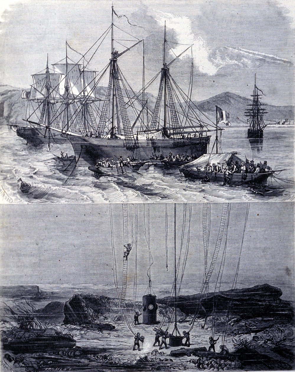 Hledání vraků španělských galeon ve Vigo Bay v roce 1702. 19. století od Unknown artist