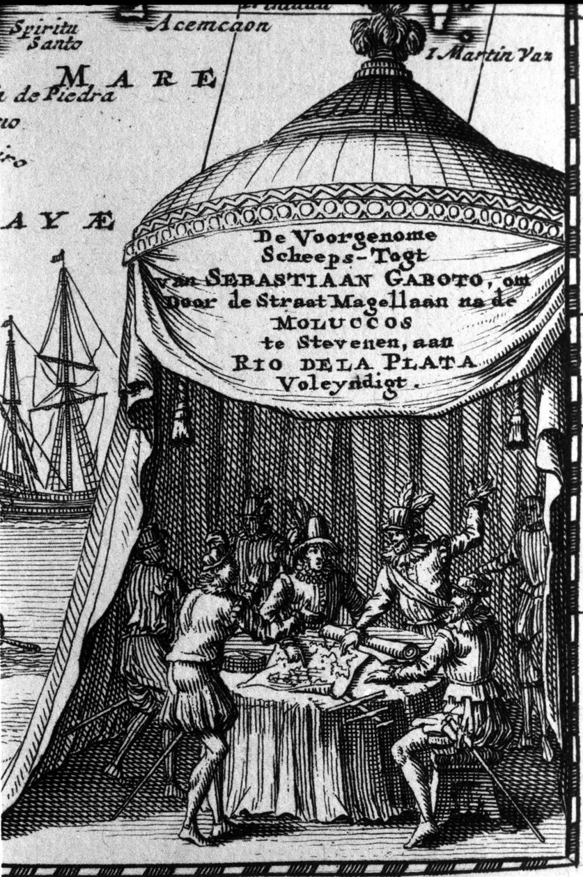 Sebastiano Caboto (Sebastien Cabot) představuje na kazetě navigační mapy s jinými navigátory. Počátek 17. stol. od Unknown artist