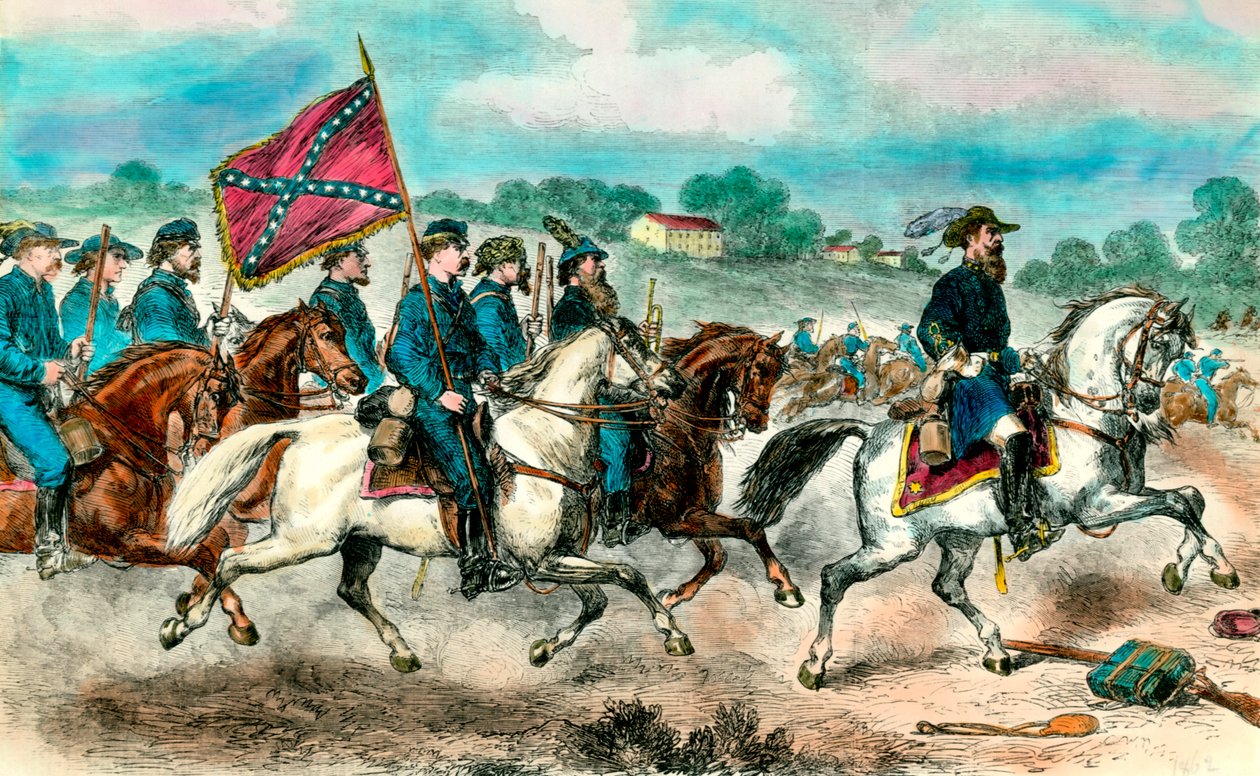 Secesní válka: „“Generál Stuart s konfederační kavalérií v roce 1862““ Rytina soukromé sbírky z 19. století od Unknown artist