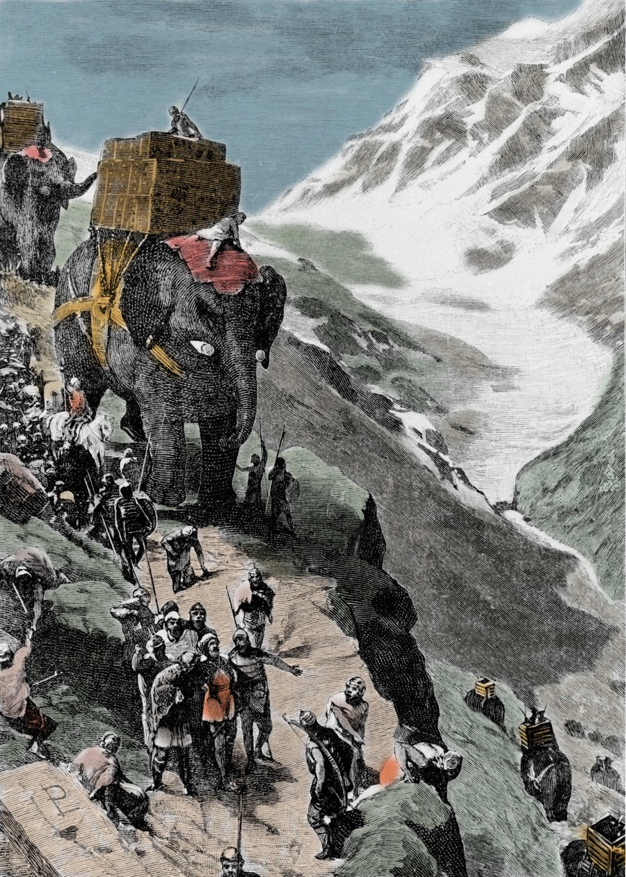 Druhá punská válka. Armáda Hannibala Barcy překračující Alpy, 218 př.nl. Italská rytina 19. století. od Unknown artist