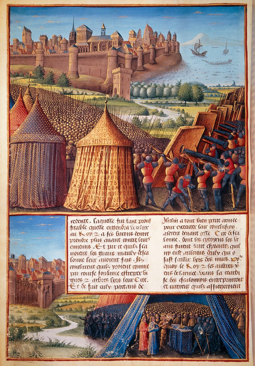 Druhá křížová výprava: pohled na obléhání Ascalonu v roce 1153 Balduinem III. (1131-1162). Miniatura převzata z „Pasáže, které Francouzi udělali v Zámoří proti Turkům a dalším Saracénům a Moures Outremarine“ od Sebastiena Mamerota od Unknown artist