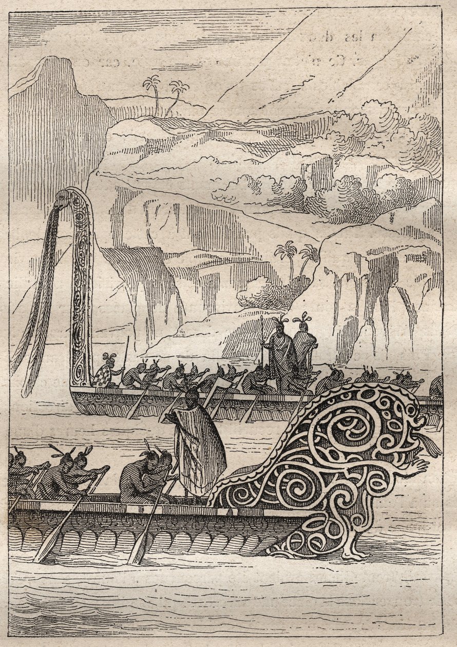 Druhá plavba (1772-1775) kapitána Jamese Cooka (1728-1779): Novozélandské válečné kánoe (Neo Zelandaises) - ilustrace převzata z „“Velkých námořníků 18. století““ od Unknown artist