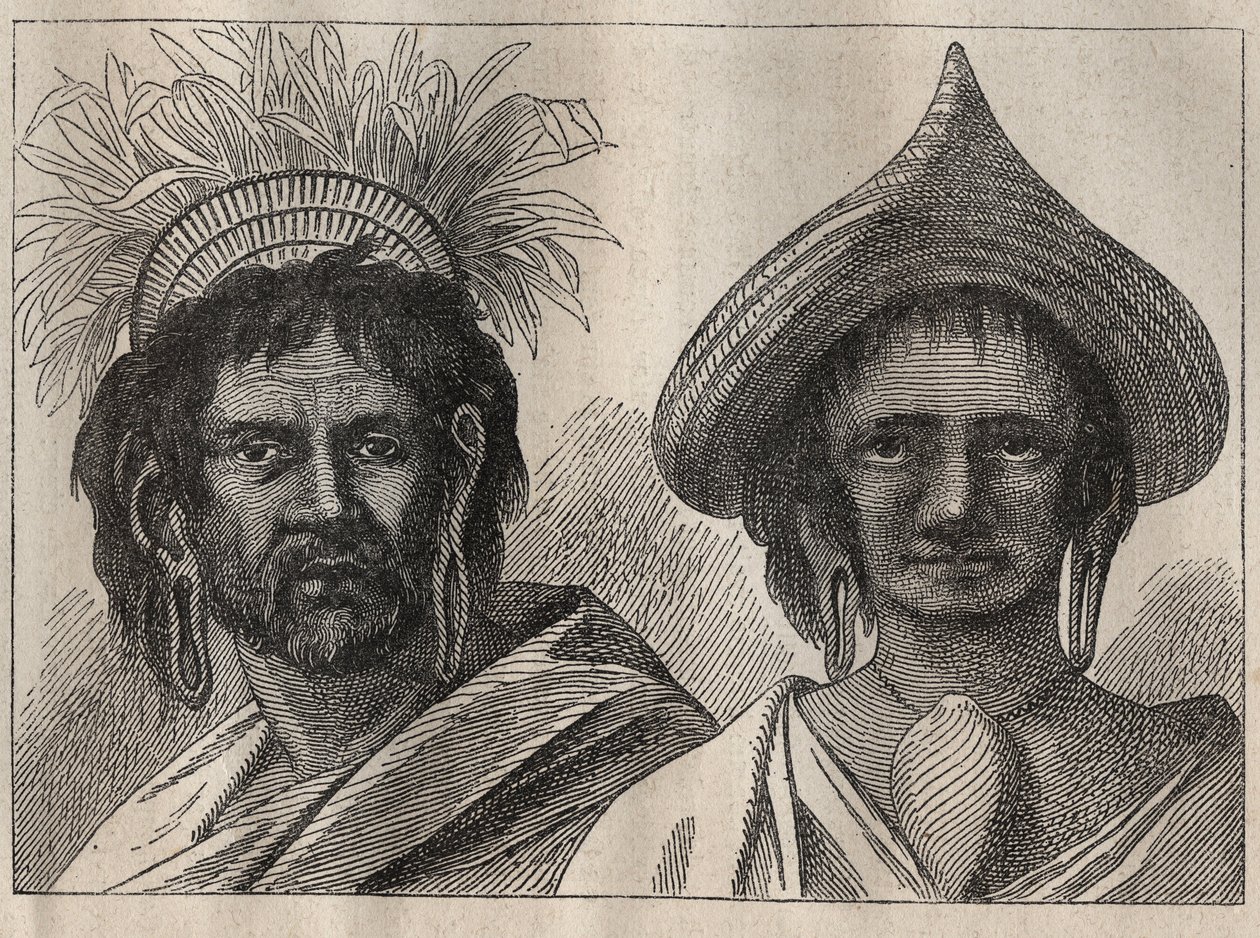 Druhá plavba (1772-1775) kapitána Jamese Cooka (1728-1779): muž a žena z Velikonočního ostrova - ilustrace z „The Great Mariners of the 18th century““ od Unknown artist