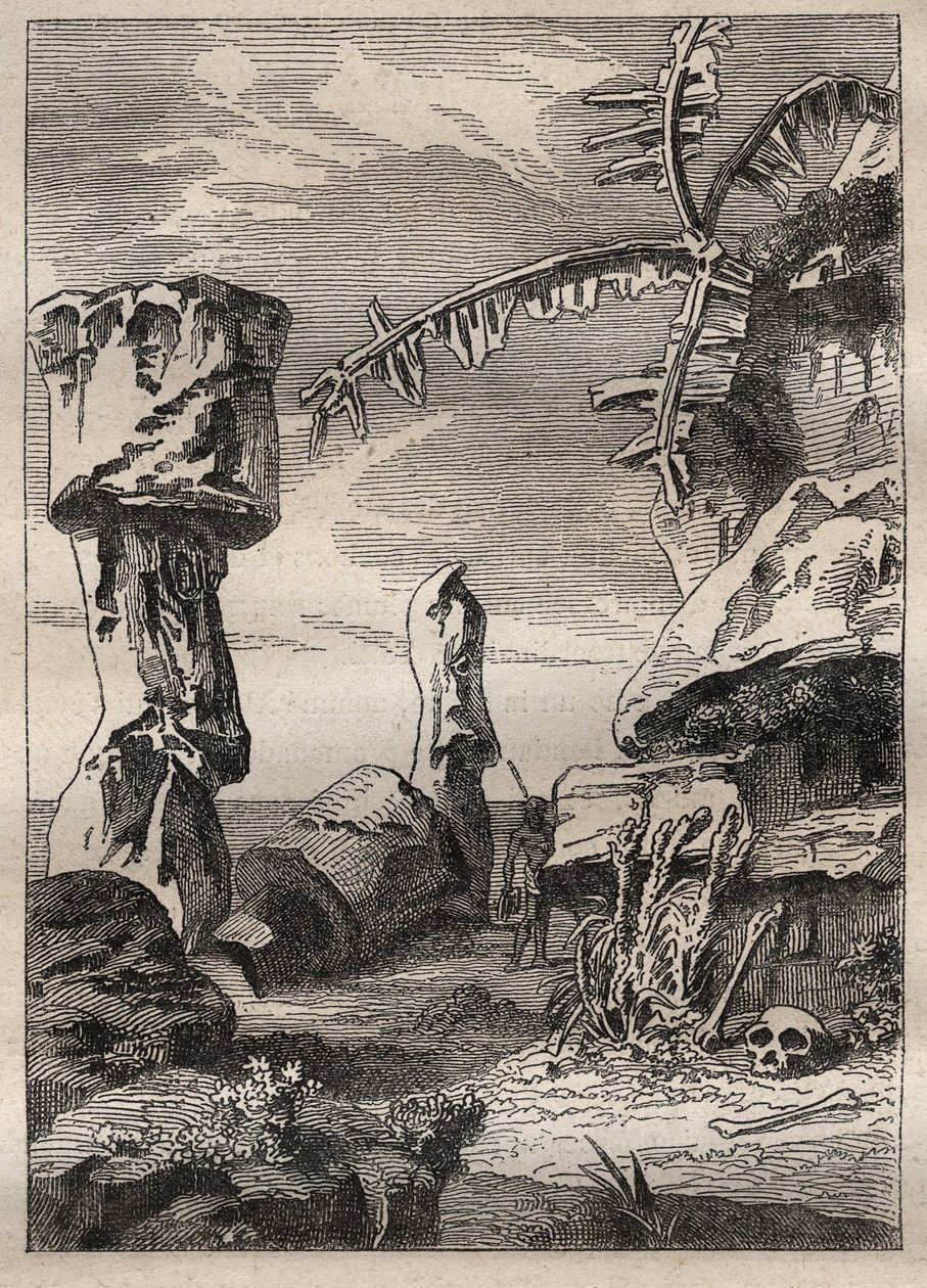 Druhá plavba (1772-1775) kapitána Jamese Cooka (1728-1779): památky Velikonočního ostrova (monumentální sochy, moai) - ilustrace převzata z „“Velcí námořníci 18. století““ od Unknown artist