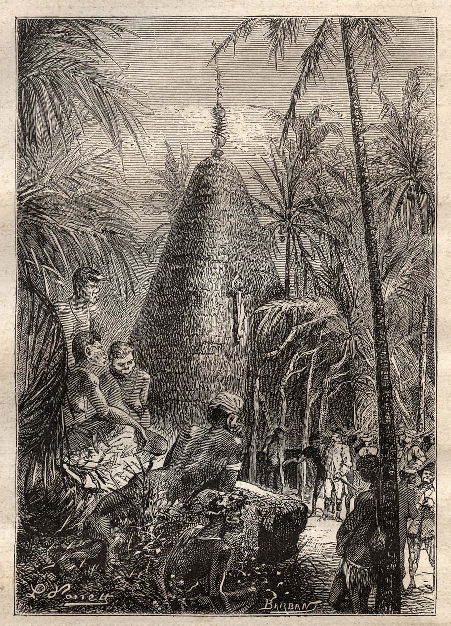 Druhá plavba (1772-1775) kapitána Jamese Cooka (1728-1779): tradiční kruhový dům, na střeše značně vyvýšeného místa (Nová Kaledonie) - ilustrace převzata z „Velkých námořníků 18. století““ od Unknown artist