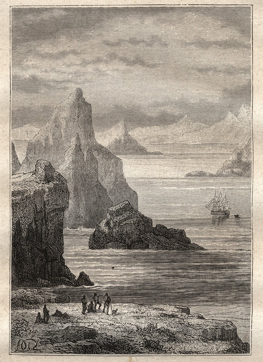 Druhá plavba (1772-1775) od kapitána Jamese Cooka (1728-1779): pohled na Noel Canal, Terre de Fuego - ilustrace převzata z „Velkých námořníků 18. století““ od Unknown artist