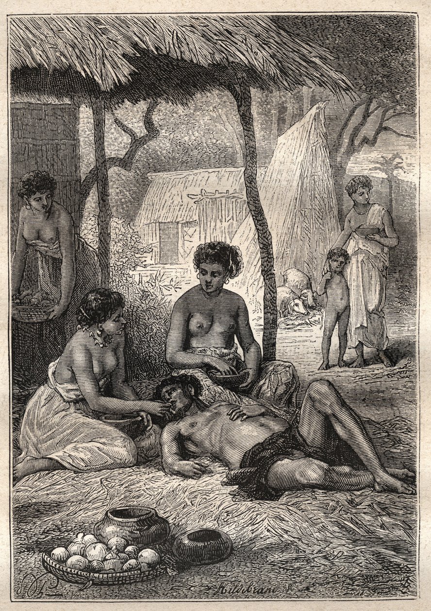 Druhá plavba (1772-1775) kapitána Jamese Cooka (1728-1779): ostrov, který strávil svůj den pohlcením jeho manželek (Tahiti) - ilustrace převzata z „Velkých námořníků 18. století“ od Unknown artist
