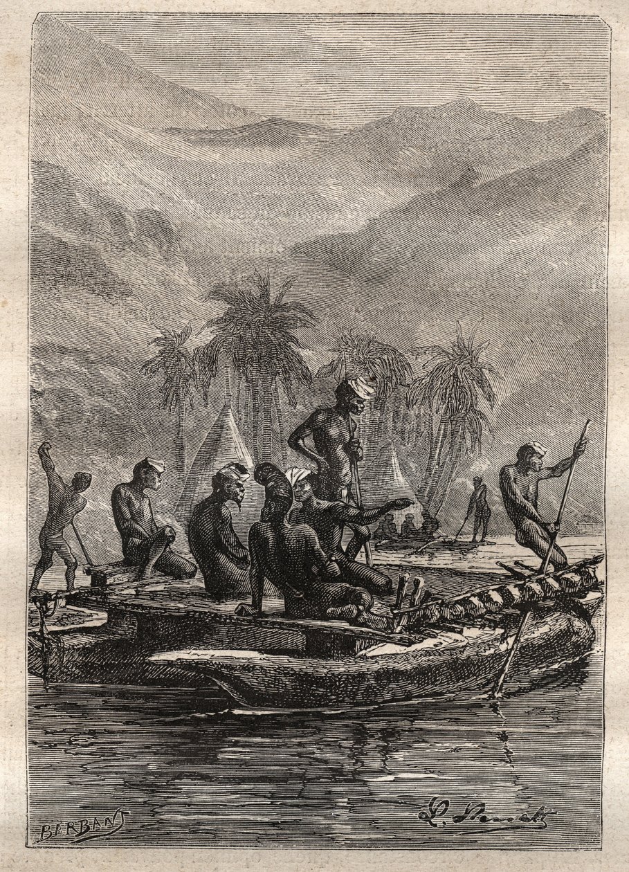 Druhá plavba (1772-1775) kapitána Jamese Cooka (1728-1779): Domorodci měli dostatek sebedůvěry, aby se přiblížili a vyměnili si (Nová Kaledonie) - ilustrace převzata z „Velkých námořníků 18. století“ od Unknown artist