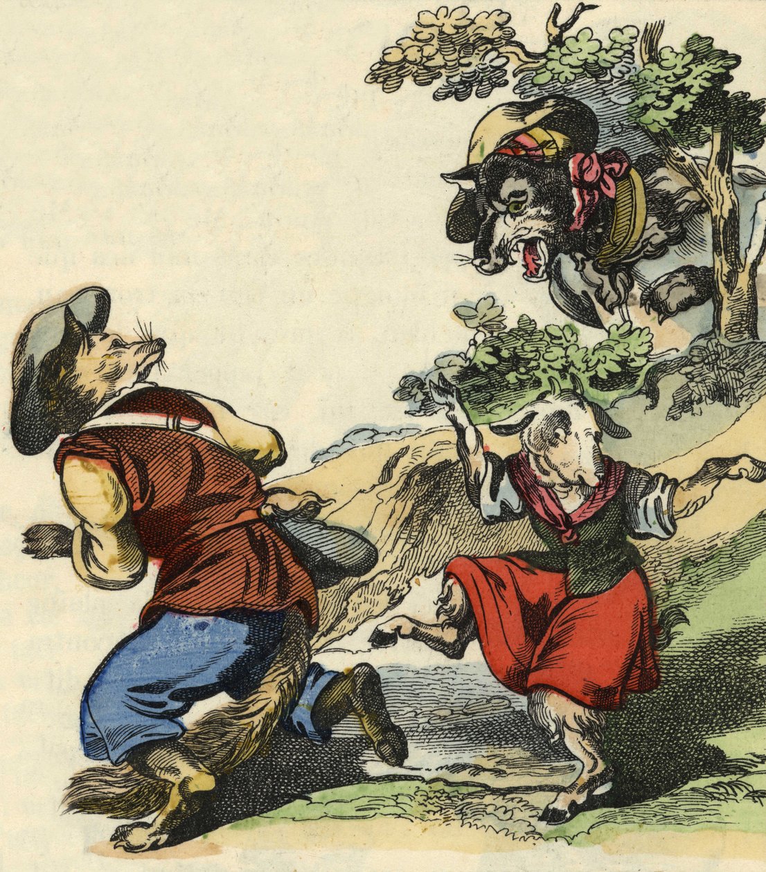 Když mistr Fox uviděl vlka, uprchl a nechal malou Chevrette v nebezpečí. Ilustrace příběhu „Bon medor a malý Chevrette““. V „“ Pohádky z domova pro nejmenší““. Anonymní rytina 19. století. od Unknown artist