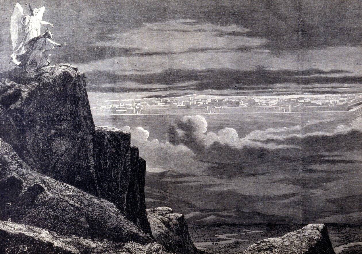 Viděno z Nebeského Jeruzaléma; obraz pozemského Jeruzaléma po posledním soudu, sestupuje z nebe, aby se usadil na Zemi. Rytina 19. století. od Unknown artist